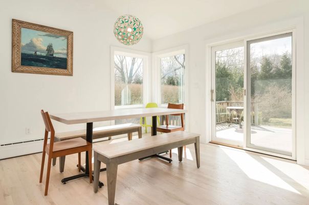 Dining room, Interior, Pendant Lights, Wood Texture Flooring