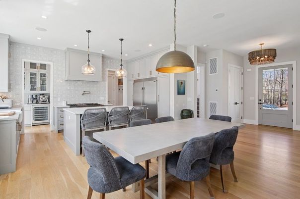 Dining room, Interior, Kitchen, Pendant Lights, Recessed Lighting, Stainless Steel Appliances, Wood Texture Flooring