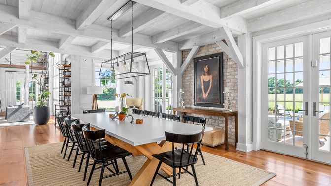 Dining room, Interior, Kitchen, Pendant Lights, Wood Texture Flooring