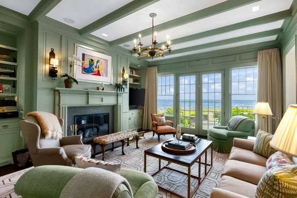 Chandelier, Fireplace, Interior, Living room, Recessed Lighting, Water, Wood Texture Flooring