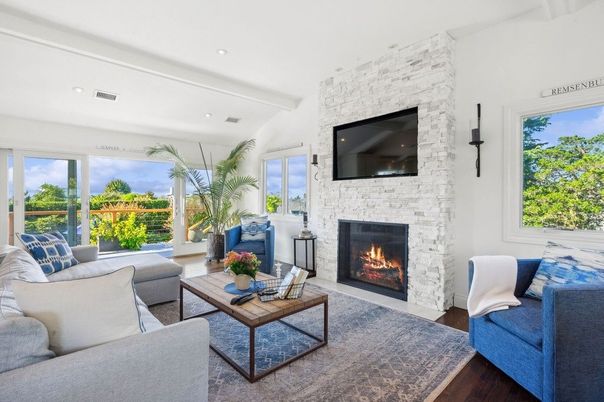 Fireplace, Interior, Living room, Recessed Lighting, Stone Walls, Wood Texture Flooring
