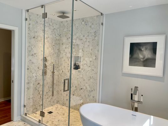 Bathroom, Free Standing Baths, Glass Shower, Interior, Recessed Lighting
