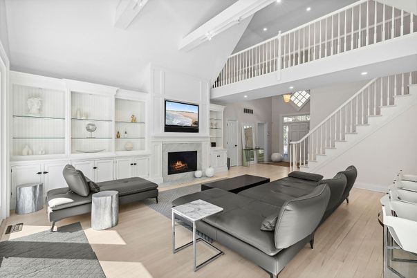 Fireplace, Interior, Living room, Recessed Lighting, Wood Texture Flooring