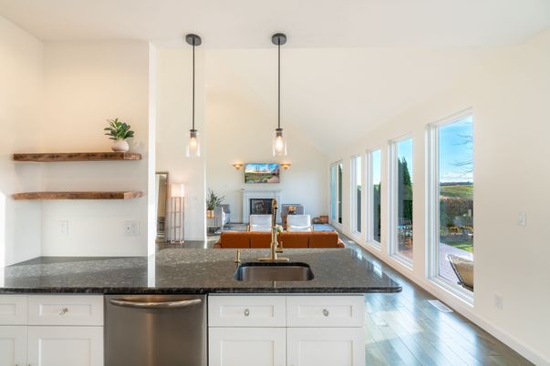 Fireplace, Interior, Kitchen, Pendant Lights, Stainless Steel Appliances, Wood Texture Flooring
