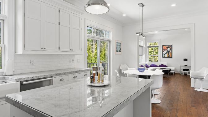 Dining room, Interior, Kitchen, Living room, Pendant Lights, Recessed Lighting, Wood Texture Flooring
