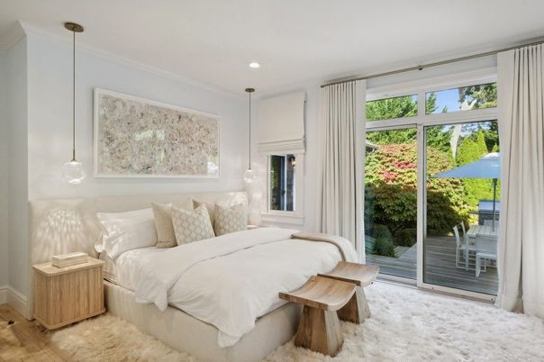 Bedroom, Interior, Pendant Lights, Recessed Lighting, Wood Texture Flooring