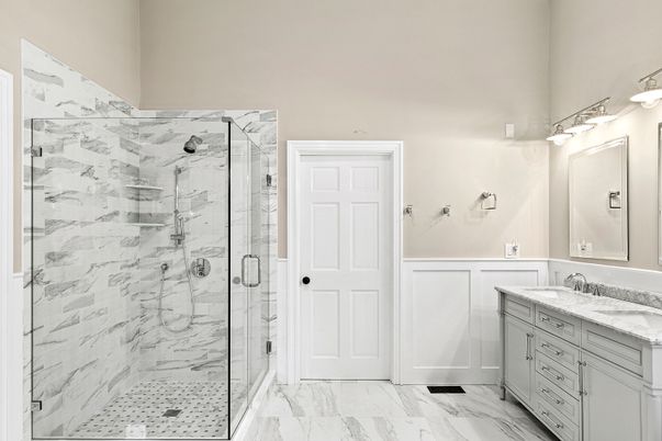 Bathroom, Dual Sink Vanities, Glass Shower, Interior, Marble, Marble Walls