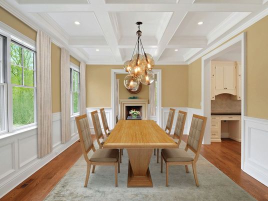 Chandelier, Dining room, Fireplace, Interior, Recessed Lighting, Wood Texture Flooring