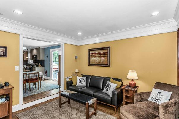 Dining room, Interior, Kitchen, Living room, Recessed Lighting, Wood Texture Flooring