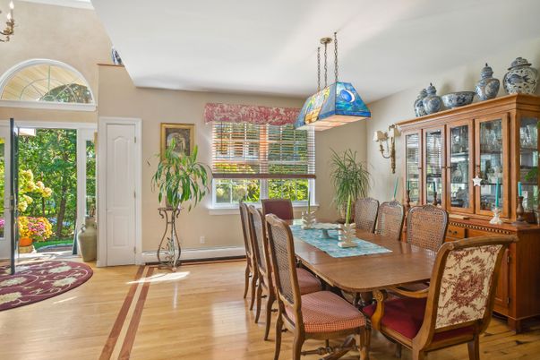 Dining room, Interior, Pendant Lights, Wood Texture Flooring