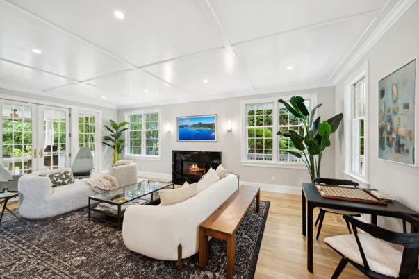 Fireplace, Interior, Living room, Recessed Lighting, Wood Texture Flooring