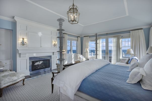 Bedroom, Fireplace, Interior, Pendant Lights, Water