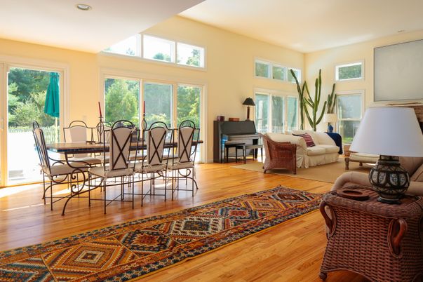 Dining room, Interior, Living room, Piano, Recessed Lighting, Wood Texture Flooring