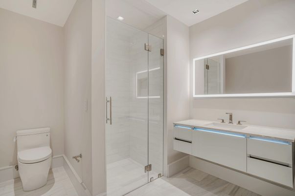 Bathroom, Glass Shower, Interior, Marble, Recessed Lighting, Wood Texture Flooring