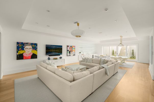Dining room, Interior, Living room, Pendant Lights, Recessed Lighting, Wood Texture Flooring
