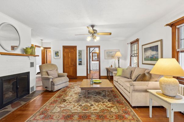 Fireplace, Interior, Living room, Pendant Lights, Wood Texture Flooring