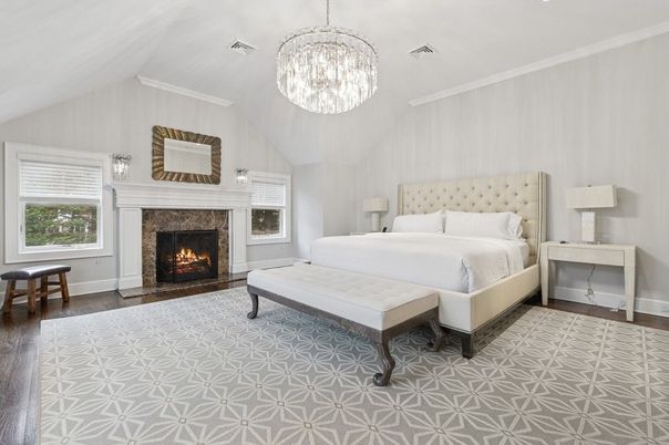 Bedroom, Chandelier, Fireplace, Interior, Pendant Lights, Wood Texture Flooring