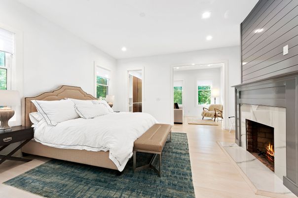 Bedroom, Fireplace, Interior, Recessed Lighting, Wood Texture Flooring