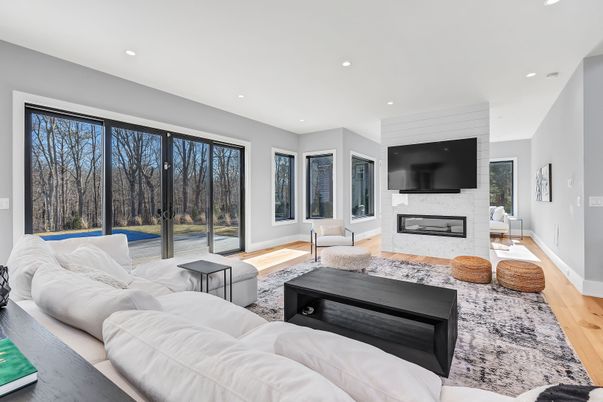 Fireplace, Interior, Living room, Recessed Lighting, Wood Texture Flooring