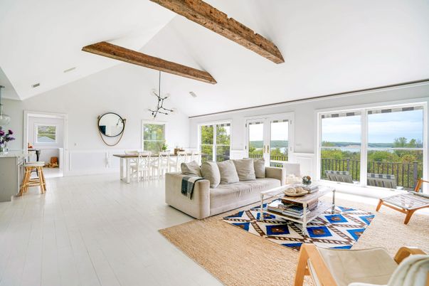 Dining room, Interior, Living room, Pendant Lights, Wooden Beams, Wood Texture Flooring