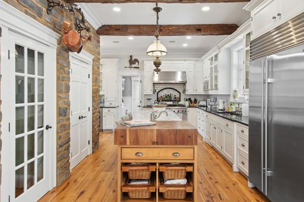 Interior, Kitchen, Pendant Lights, Recessed Lighting, Stainless Steel Appliances, Wooden Beams, Wood Texture Flooring