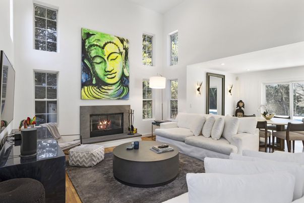 Dining room, Fireplace, Interior, Living room, Recessed Lighting, Wood Texture Flooring