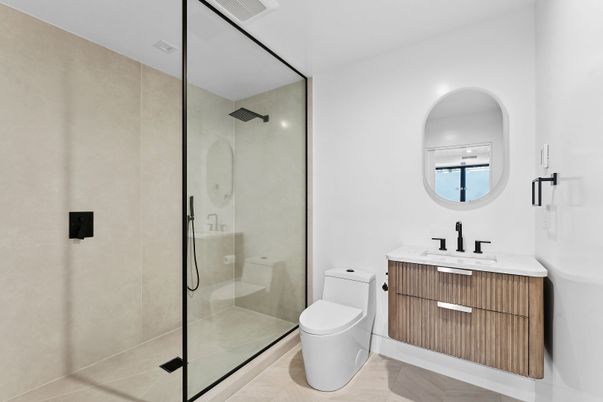 Bathroom, Glass Shower, Interior, Wood Texture Flooring