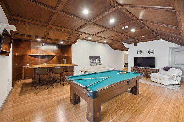 Billiard Table, Game Room, Interior, Recessed Lighting, Wooden Beams, Wooden Ceilings, Wood Texture Flooring