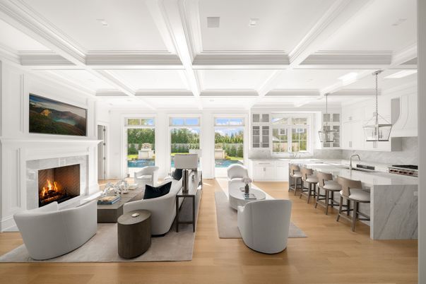 Fireplace, Interior, Kitchen, Living room, Pendant Lights, Recessed Lighting, Wood Texture Flooring