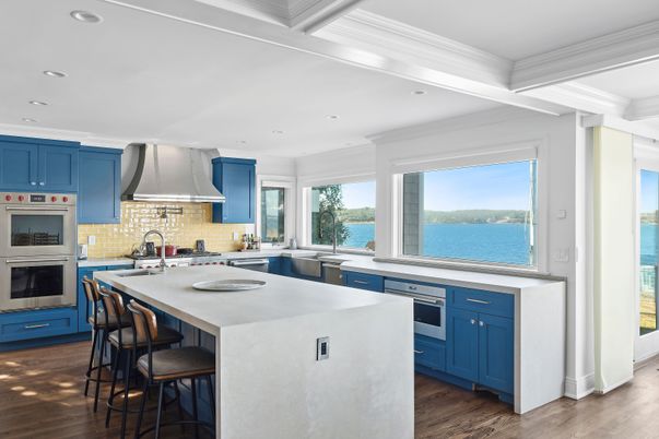 Interior, Kitchen, Recessed Lighting, Stainless Steel Appliances, Water, Wood Texture Flooring