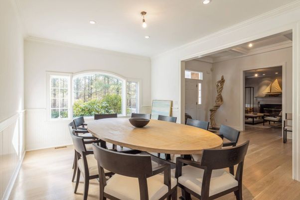 Dining room, Interior, Recessed Lighting, Wood Texture Flooring