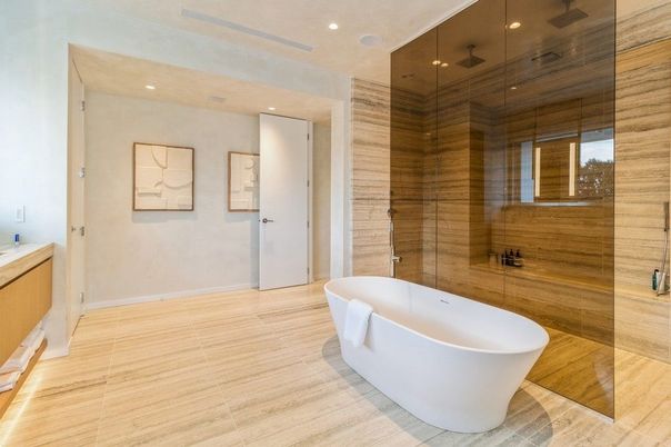 Bathroom, Free Standing Baths, Glass Shower, Interior, Recessed Lighting