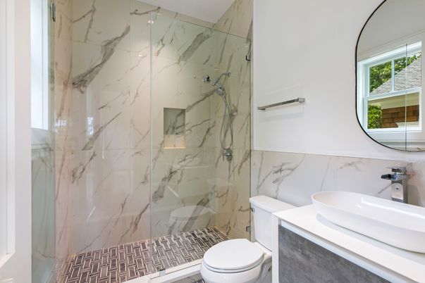Bathroom, Glass Shower, Interior, Marble Walls