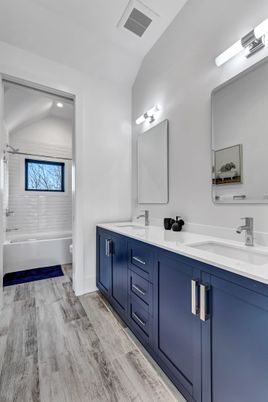 Bathroom, Dual Sink Vanities, Interior, Recessed Lighting, Wood Texture Flooring