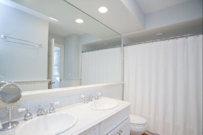 Bathroom, Dual Sink Vanities, Interior, Recessed Lighting, Wood Texture Flooring