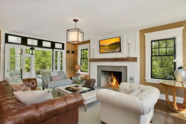 Fireplace, Interior, Living room, Pendant Lights, Wood Texture Flooring