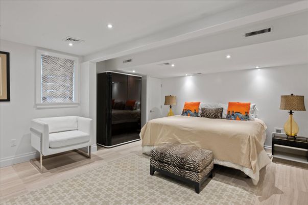 Bedroom, Interior, Recessed Lighting, Wood Texture Flooring