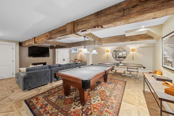 Billiard Table, Game Room, Interior, Pendant Lights, Wooden Beams
