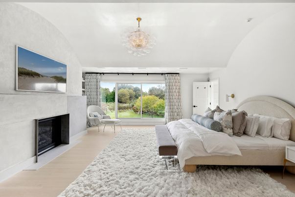 Bedroom, Chandelier, Fireplace, Interior, Wood Texture Flooring
