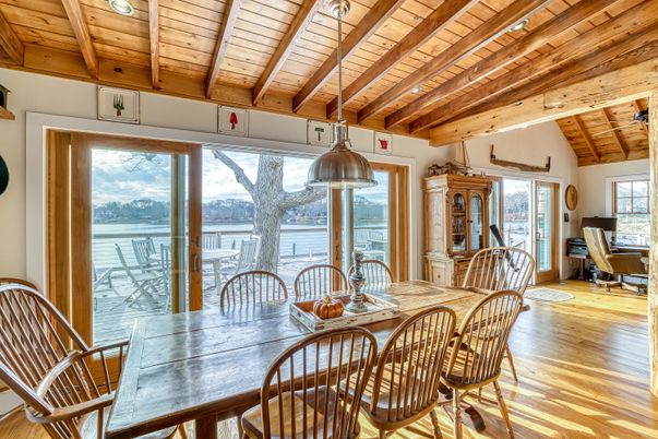 Dining room, Interior, Pendant Lights, Water, Wooden Beams, Wooden Ceilings, Wood Texture Flooring