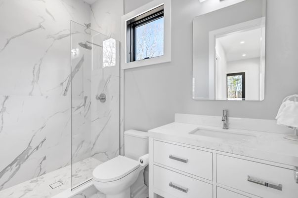 Bathroom, Glass Shower, Interior, Marble Walls, Recessed Lighting
