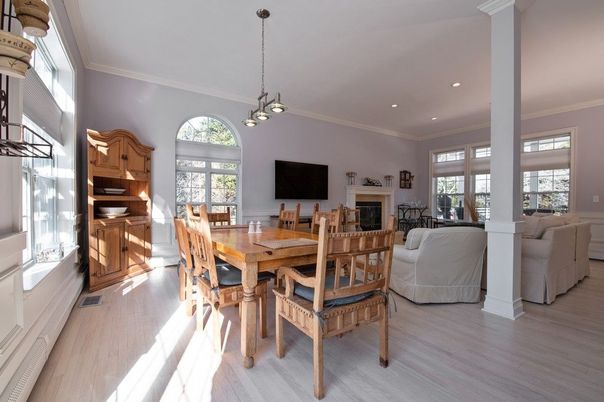 Dining room, Fireplace, Interior, Living room, Pendant Lights, Recessed Lighting, Wood Texture Flooring