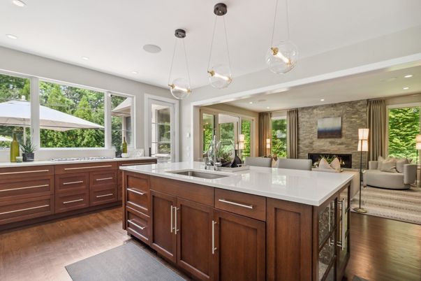 Fireplace, Interior, Kitchen, Living room, Pendant Lights, Recessed Lighting, Stone Walls, Wood Texture Flooring