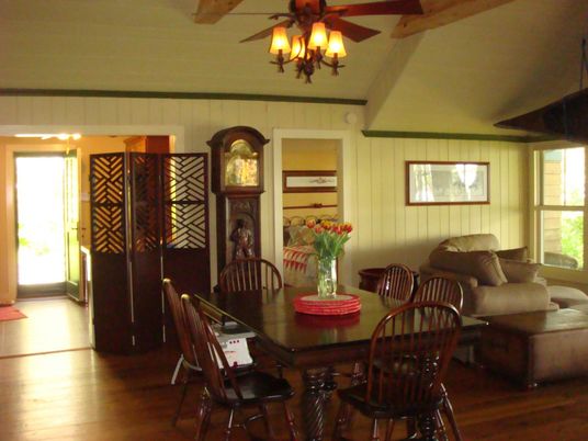 Chandelier, Dining room, Interior, Wooden Beams, Wood Texture Flooring