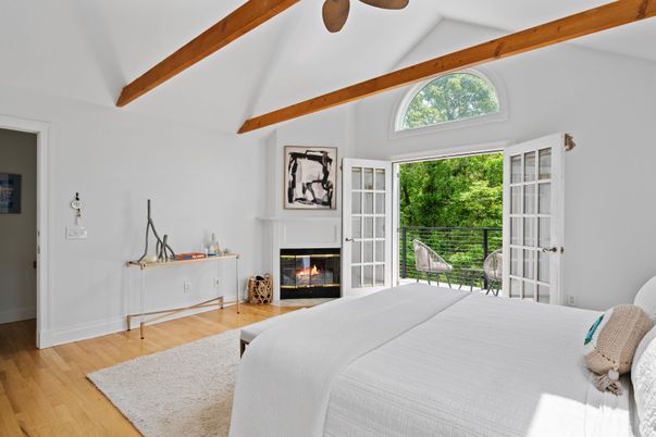 Bedroom, Fireplace, Interior, Wooden Beams, Wood Texture Flooring