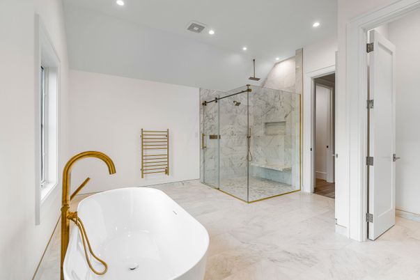 Bathroom, Free Standing Baths, Glass Shower, Interior, Marble, Marble Walls, Recessed Lighting