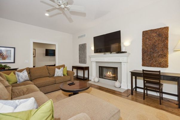 Fireplace, Interior, Living room, Recessed Lighting, Wood Texture Flooring