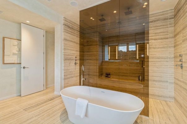 Bathroom, Free Standing Baths, Glass Shower, Interior, Recessed Lighting
