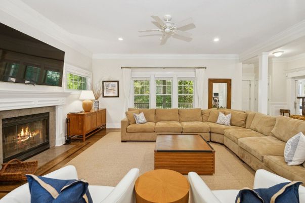 Fireplace, Interior, Living room, Recessed Lighting, Wood Texture Flooring