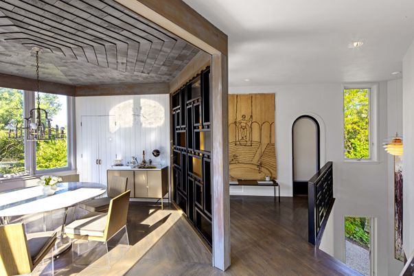 Dining room, Interior, Pendant Lights, Recessed Lighting, Wood Texture Flooring